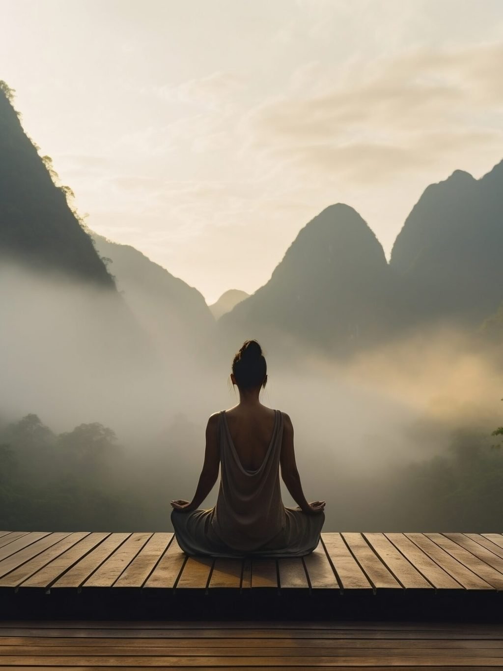 Serenity in Motion: Woman Doing Yoga on Wooden Lounge – Back View. Generative Ai Serenity in Motion: Woman Doing Yoga on Wooden Lounge - Back View